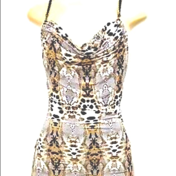 Bebe Snake Skin Print Mini Dress with Gold Chain Criss Cross Straps Cowl Neck - Picture 2 of 11